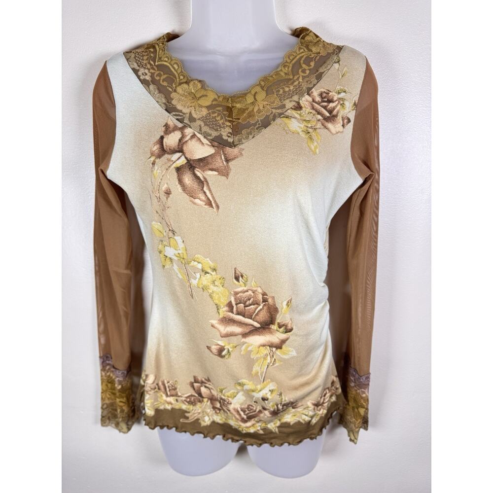 ANAC by Kimmy Womens Top Mesh Long Sleeve Lace Floral Forest S Y2K Whimsigoth
